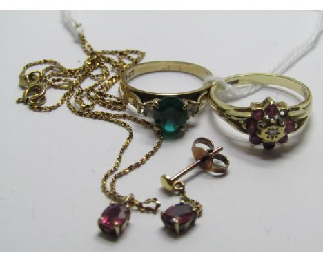 9ct YELLOW GOLD RUBY &amp; DIAMOND CLUSTER RING, with 9ct yellow gold created ruby drop pendant and 1 matching earring, also 