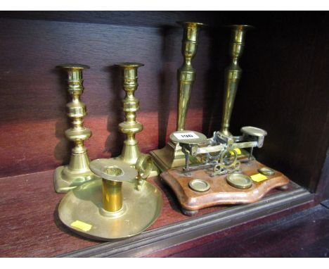 ANTIQUE METALWARE, 2 pairs of Victorian brass candle sticks, also brass postal scales with 3 graduated weights and brass cham