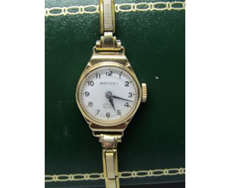 9ct YELLOW CASED LADIES WRIST WATCH BY ROTARY, manual wind movement, appears in working condition on yellow metal expanding b