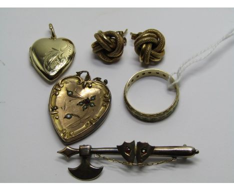 9ct YELLOW GOLD ITEMS, including Medevial axe, eternity ring, earrings, 9ct gold heart locket and 9ct gold back and front sto