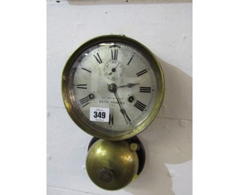 ANTIQUE SHIPS BELL CLOCK, Seth Thomas brass framed ships Bell clock  with silvered face &amp; secondary dial with lower bell 