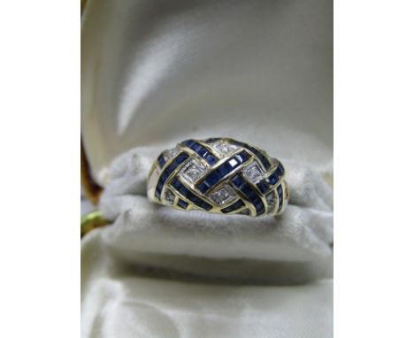 14CT YELLOW GOLD SAPPHIRE &amp; DIAMOND CROSSOVER PATTERN CLUSTER RING; Size 'N/O' 