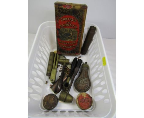 HUNTING, small embossed copper powder flask, various measures, "Curtis's &amp; Harveys" gunpower box &amp; other accessories 