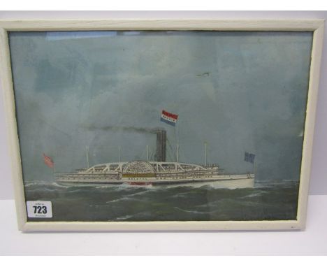 ANTONIO JACOBSEN, signed ship portrait painting possibly dated 1873, "Paddle Steamer Bristol, New York - Boston", 9" x 13.5" 