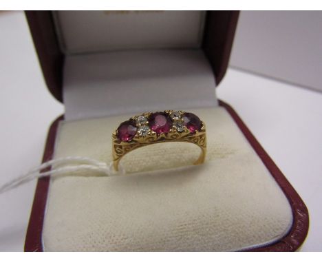 VINTAGE 18ct GOLD RUBY &amp; DIAMOND RING, 3 well matched rubies each seperated by a pair of old cut diamonds , set in 18ct s