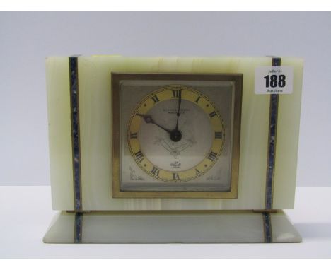 ART DECO MANTEL CLOCK, inlaid onyx design by Elliot for Ollivant and Botsford, 8" width 