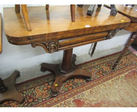 VICTORIAN CARD TABLE, figured mahogany fold top card table on tapering facade column &amp; quatrefoil support 