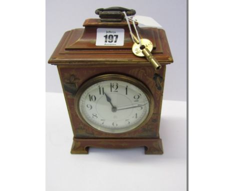 MANTEL CLOCK, chinoiserie lacquer mantel clock by Japy Freres &amp; Cie with key, 7.5" height 