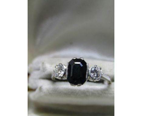 18ct YELLOW GOLD &amp; PLATINUM 3 STONE SAPPHIRE &amp; DIAMOND RING, central emerald cut sapphire approx 1.5ct with well matc