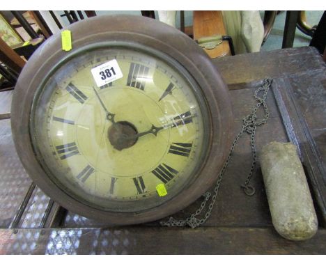 POSTMANS CLOCK, 19th Century stained beech framed circular postman's wall clock with painted dial 