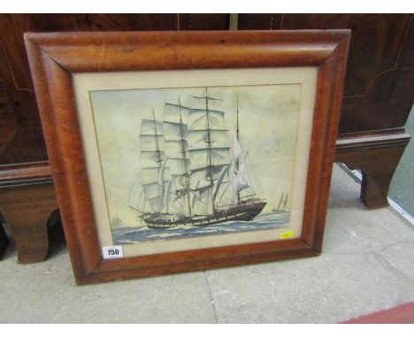 MARITIME, watercolour "Portrait of 4 masted Sailing Vessel", signed Barry Dow, in birdseye maple frame, 9.5" x 11.5" 