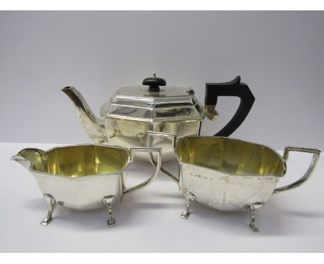 SILVER TEA SET, 3 piece silver tea set of hexagonal form on 4 hoofed feet, tea pot with ebony handle &amp; finial, makers K L