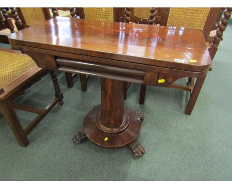 VICTORIAN CARD TABLE, figured mahogany fold top card table on tapered octagonal column support with claw feet 
