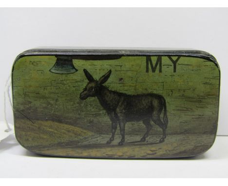 VICTORIAN SNUFF BOX, with pictorial top of "My Ass" in ebonised case, 3" 