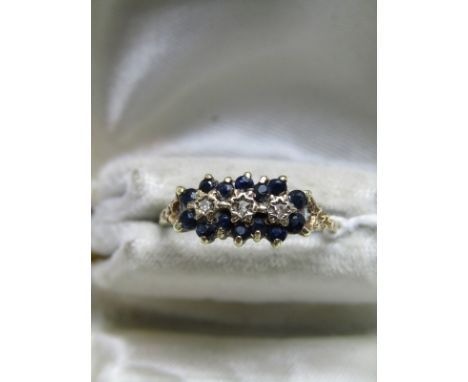 9ct YELLOW GOLD SAPPHIRE &amp; DIAMOND CLUSTER RING, size N 