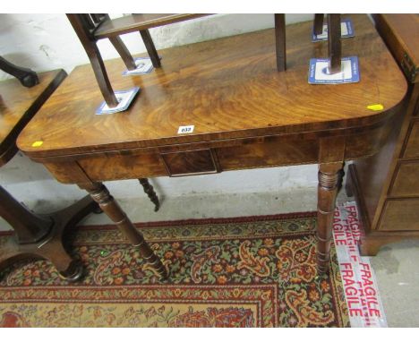 WILLIAM IV CARD TABLE, mahogany D-End fold top card table on tapering turned legs with brass casters, 34" width 