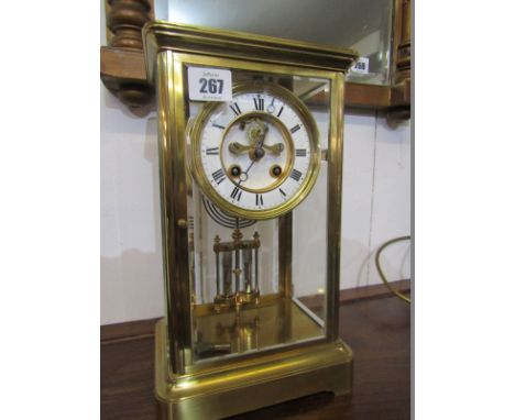 FRENCH MANTEL CLOCK, open brocote escapement, brass cased mantel clock with mercury pendulum, coiled bar strike in bevelled g