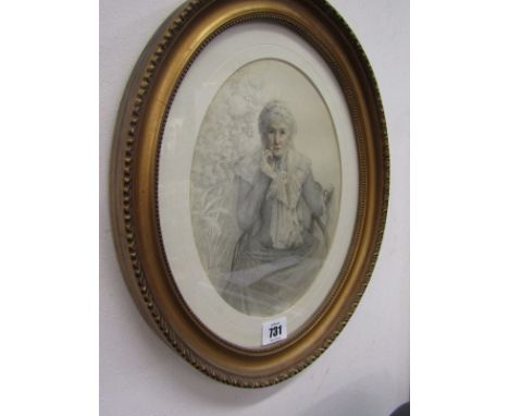 VICTORIAN PENCIL PORTRAIT, watercolour and pencil oval "Portrait of Seated Lady", signed M E Hall,9.5" x 7" 