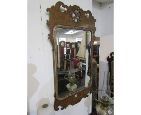CHIPPENDALE DESIGN MIRROR, eagle crested burrwalnut fretwork surround wall mirror, 6" height 
