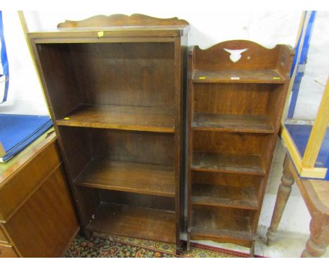 BOOKCASES, Edwardian oak narrow 5 shelf open bookcase together with 1 other bookcase 