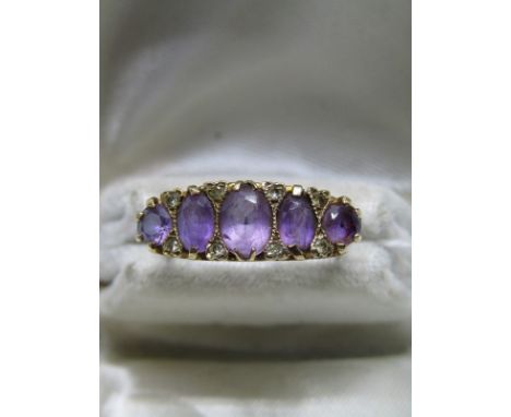 9ct YELLOW GOLD 5 STONE AMETHYST &amp; DIAMOND RING, 5 graduated amethysts each seperated by pair of accent old cut diamonds,