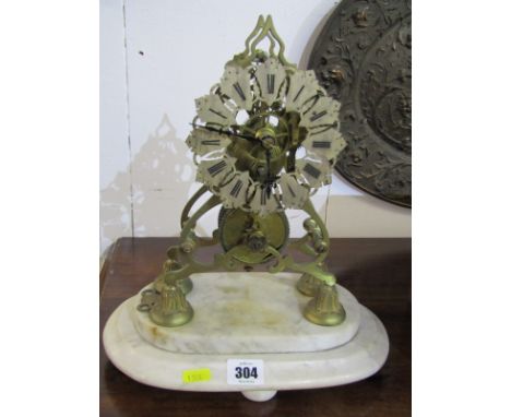 SKELETON CLOCK, 19th Century brass framed skeleton clock with fusee movement on oval marble base 