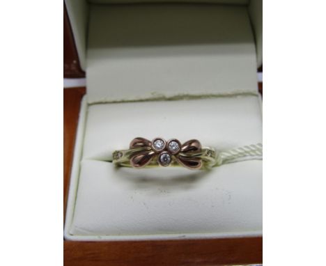 9ct YELLOW &amp; ROSE GOLD CLOGAU DIAMOND SET ETERNITY STYLE RING, very unusual design, 3 diamonds suspended between 2 hearts