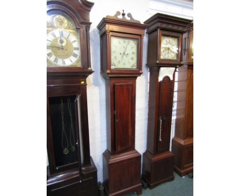 19TH CENTURY 8 DAY LONG CASE CLOCK, painted square face with wild strawberry spandrels, inlaid fruitwood casing 