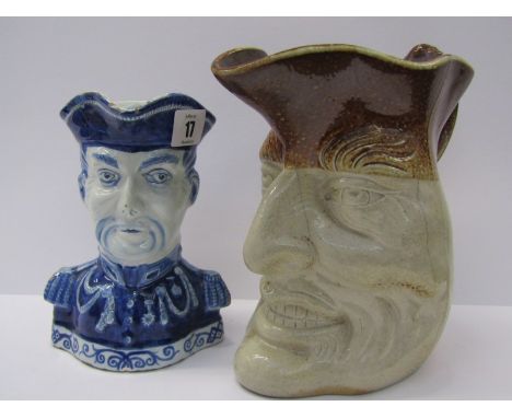 PORTRAIT JUGS, an early salt glaze stoneware, ale jug, modelled as caricature face, 8" height, also delft admiral design jug 