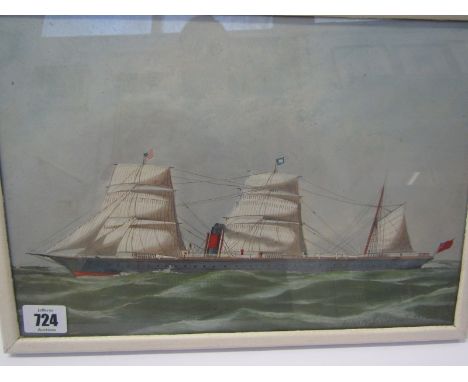 ANTONIO JACOBSEN, signed painting dated 1874 "Ship Portrait of Triple Masted Steamer", 9" x 13" 
