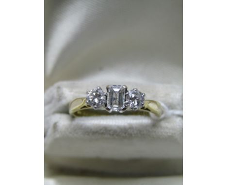 18CT YELLOW GOLD MIXED EMERALD &amp; BRILLIANT CUT DIAMOND 3 STONE RING; Well matched diamonds of good colour and clarity tot