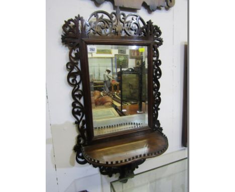 VICTORIAN MIRRORED BRACKET SHELF, an attractive fretwork surround bracket shelf with bevelled mirrored back, 26" height 