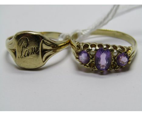 2 x 9ct YELLOW GOLD RINGS, 1 set amethyst and seed pearl, the 9ct gold signet ring, approx 5.2 grams 