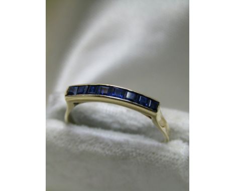 14ct YELLOW GOLD SAPPHIRE HALF ETERNITY STYLE RING; 8 Square cut Sapphires in channel setting, size 'M/N' 