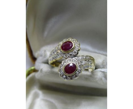 18ct YELLOW GOLD RUBY &amp; DIAMOND CLUSTER RING, unusual design ruby &amp; diamond cluster in cross over form, 2 well matche