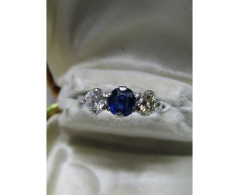 18ct WHITE GOLD 3 STONE SAPPHIRE &amp; DIAMOND RING; Central sapphire good colour set between 2 brilliant cut diamonds each s