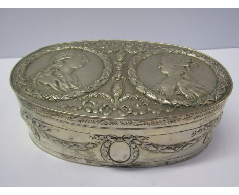 CONTINENTAL SILVER TRINKET BOX, of oval form with portrait decoration to top, stamped 800 silver, 6" diameter, appromately 9o