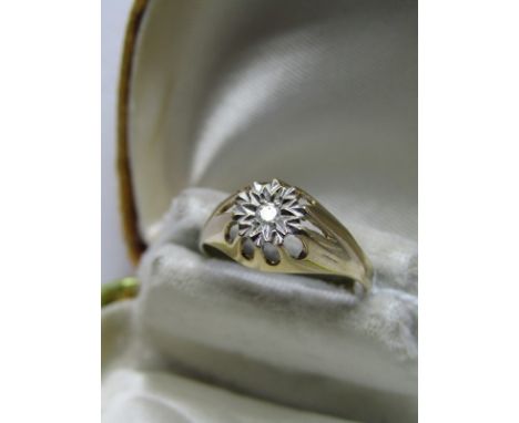 9ct YELLOW GOLD ILLUSION SET DIAMOND SOLIATIRE GYPSY RING; Size 'M' 