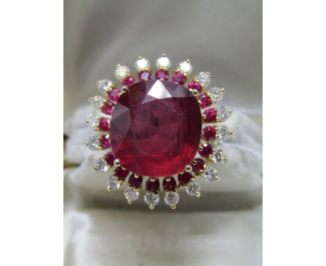 14ct YELLOW GOLD RUBY &amp; DIAMOND CLUSTER RING, large central ruby surrounded by halo of accent rubies with outter ring of 