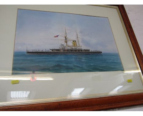 SHIP PORTRAIT, gouache "Portrait of Gun Ship" in birdseye maple frame, 12"x 18" 