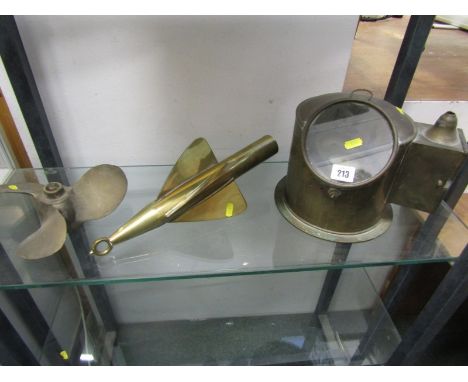 MARITIME, brass gimbled ship's compass and case, also ship's log torpedo and brass propellor 