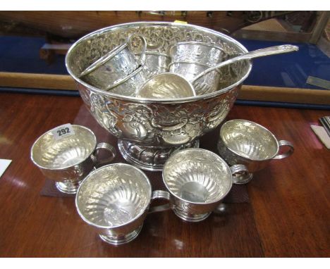 PUNCH SET, silver plate embossed punch bowl with 10 cups and ladle 