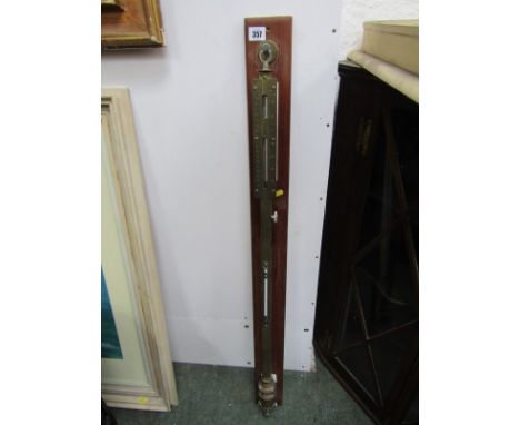 Barometer/Thermometer, a wall mounted brass bound stick barometer/thermometer, 40" 