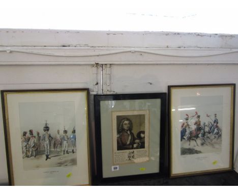 MILITARY, hand coloured lithograph "Portrait of William Twemlow of Northwich", 9" x 6", together with pair of framed French m