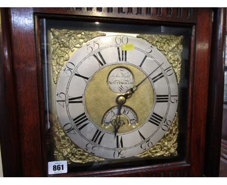18th CENTURY 30 HOUR LONG CASE CLOCK, brass square face movement by John Wyld of Nottingham with calendar window and carved o
