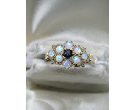 9CT YELLOW GOLD OPAL &amp; SAPPHIRE CLUSTER RING; Size 'O/P' 