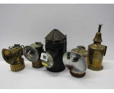 ANTIQUE LIGHTING, Policemans bullseye lantern, 3 carbide lamps and pigeon lamp 