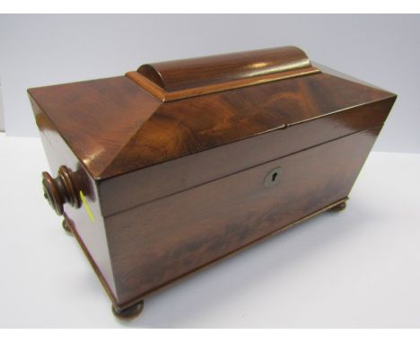 TEA CADDY, early 19th Century sarcophagus form mahogany veneered tea caddy with fitted interior and mixing bowl on bun feet, 