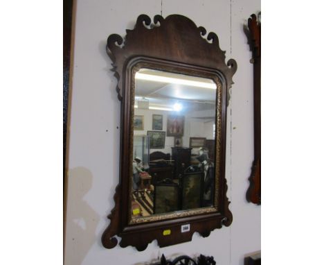 CHIPPENDALE MIRROR, Provincial mahogany fretwork wall mirror (some damage) together with Queen Anne design shaped top narrow 