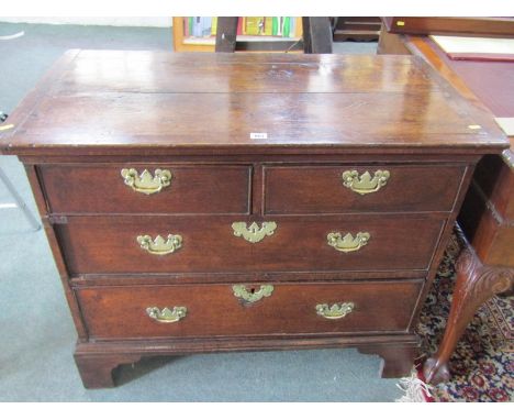 GEORGIAN PROVINCIAL OAK LOW CHEST OF DRAWERS, 2 short &amp; 2 long graduated drawers shaped brass back plate, swan neck handl